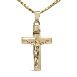 9ct Yellow Gold Crucifix Pendant on Flat Curb Link Chain Necklace
