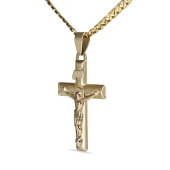 9ct Yellow Gold Crucifix Pendant on Flat Curb Link Chain Necklace
