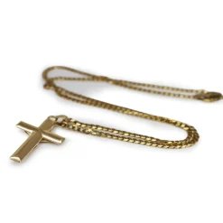 9ct Yellow Gold Crucifix Pendant on Flat Curb Link Chain Necklace
