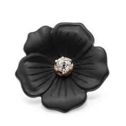 18ct Yellow Gold Deco Onyx and Old Cut Diamond Flower Brooch