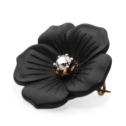 18ct Yellow Gold Deco Onyx and Old Cut Diamond Flower Brooch
