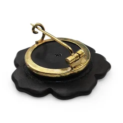 18ct Yellow Gold Deco Onyx and Old Cut Diamond Flower Brooch