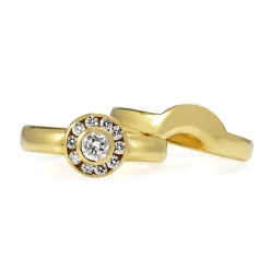 18ct Yellow Gold Diamond Halo Ring With Matching Wedding Band - Ring Set