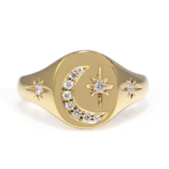 9ct Yellow Gold Diamond Moon and Stars Signet Ring