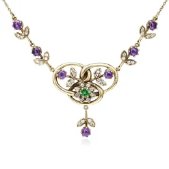 9ct Yellow Gold Emerald, Amethyst and Diamond Suffragette Style Necklace