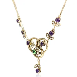 9ct Yellow Gold Emerald, Amethyst and Diamond Suffragette Style Necklace