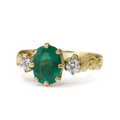 18ct Yellow Gold Emerald and Diamond Vintage Style Ring With Etched Band