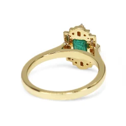 18ct Yellow Gold Emerald and Baguette Diamond Halo Art Deco Style Ring