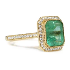 18ct Yellow Gold Emerald and Diamond Halo Ring