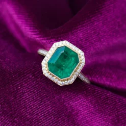 18ct Yellow Gold Emerald and Diamond Halo Ring