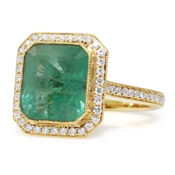 18ct Yellow Gold Emerald and Diamond Halo Ring