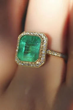 18ct Yellow Gold Emerald and Diamond Halo Ring