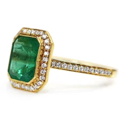 18ct Yellow Gold Emerald Cut Emerald and Diamond Halo Ring