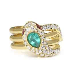 18ct Yellow Gold Emerald, Ruby and Diamond Snake / Serpent Ring