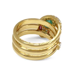18ct Yellow Gold Emerald, Ruby and Diamond Snake / Serpent Ring