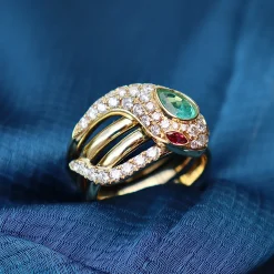 18ct Yellow Gold Emerald, Ruby and Diamond Snake / Serpent Ring