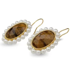 14ct Yellow Gold Faceted Tiger Eye and Cultured Pearl Earrings