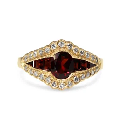 9ct Yellow Gold Garnet and Diamond Deco Style Ring