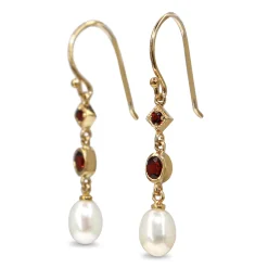 9ct Yellow Gold Garnet and Pearl Drop Earrings