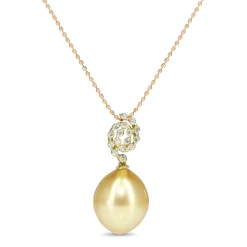 18ct Yellow Gold Golden South Sea Pearl and Diamond Necklace on Rose Gold Chain
