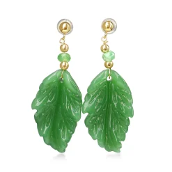 14ct Yellow Gold Jade Carved Leaf and Emerald Earrings