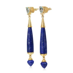 9ct Yellow Gold Lapis and Topaz Long Drop Earrings