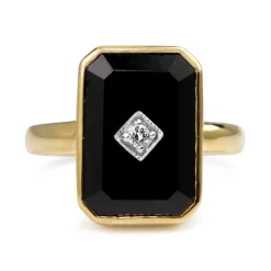 9ct Yellow Gold Large Rectangle Onyx and Diamond Ring