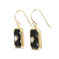 9ct Yellow Gold Large Rectangle Onyx and Diamond Earrings