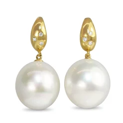 18ct Yellow Gold 14mm South Sea Pearls and Diamond Earrings