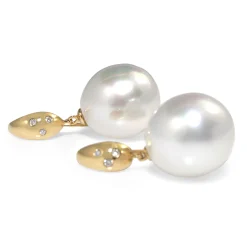 18ct Yellow Gold 14mm South Sea Pearls and Diamond Earrings