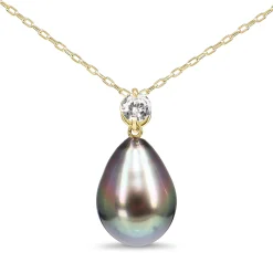18ct Yellow Gold 10.8mm Tahitian Pearl Drop and Diamond Necklace