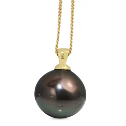 18ct Yellow Gold 17mm Tahitian Pearl and Diamond Necklace