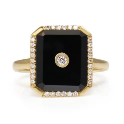 9ct Yellow Gold Onyx and Diamond Art Deco Style Ring