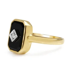 9ct Yellow Gold Onyx and Diamond Rectangle Ring