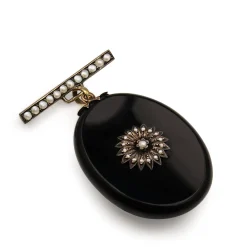 14ct Yellow Gold Onyx and Pearl Antique Victorian Mourning Brooch with Glass Back