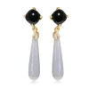 9ct Yellow Gold Onyx, Chalcedony and Diamond Drop Earrings
