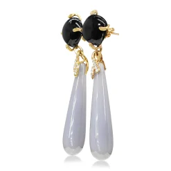 9ct Yellow Gold Onyx, Chalcedony and Diamond Drop Earrings