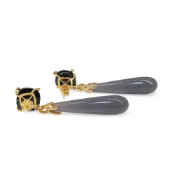 9ct Yellow Gold Onyx, Chalcedony and Diamond Drop Earrings