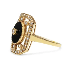 9ct Yellow Gold Onyx, Pearl and Diamond Deco Style Ring