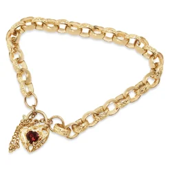9ct Yellow Gold Oval Belcher Link Bracelet With Etched Links and Garnet Padlock Clasp