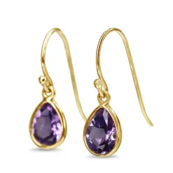 9ct Yellow Gold Pear Shaped Amethyst Drop Earrings