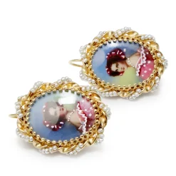 14ct Yellow Gold Pearl Hand Painted Earrings