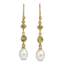 9ct Yellow Gold Peridot and Pearl Drop Earrings