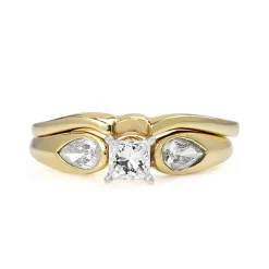 14ct Yellow Gold Princess and Pear Cut Diamond Ring with Matching Band - Ring Set