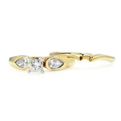 14ct Yellow Gold Princess and Pear Cut Diamond Ring with Matching Band - Ring Set