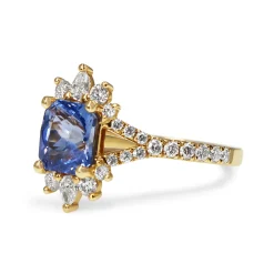 18ct Yellow Gold Radiant Cut Sapphire and Pear Diamond Ring with Split Shank