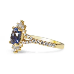 18ct Yellow Gold Radiant Cut Sapphire and Pear Diamond Ring with Split Shank