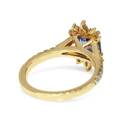 18ct Yellow Gold Radiant Cut Sapphire and Pear Diamond Ring with Split Shank