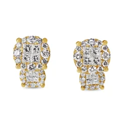 18ct Yellow Gold Round and Princess Cut Diamond Cluster Earrings