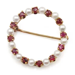 14ct Yellow Gold Ruby and Pearl Wreath Brooch